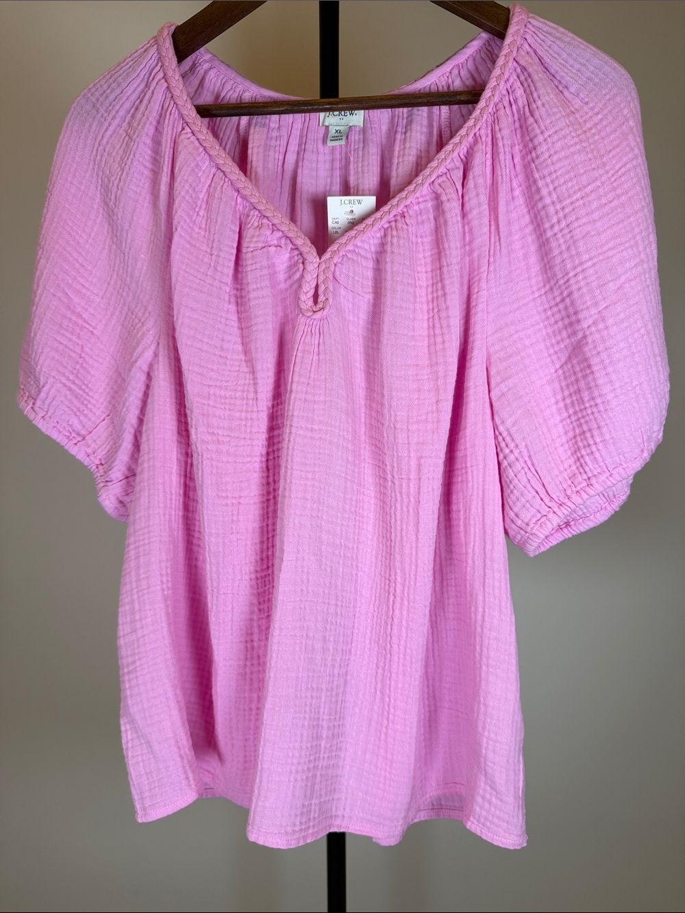 J. Crew Factory Pink Cotton Gauze Puff Sleeve Braided Neck Top | Size XL